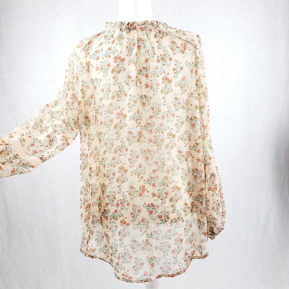 Democracy Blouse Women L Sheer Poet Top Button-up Floral Lace Inserts High Low - Picture 3 of 7